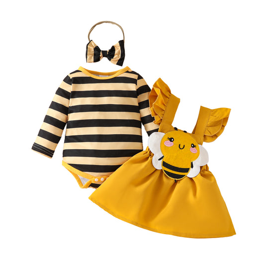 Baby cute little bee striped long-sleeved triangle romper with embroidered chapter suspender skirt autumn and winter skirt suit