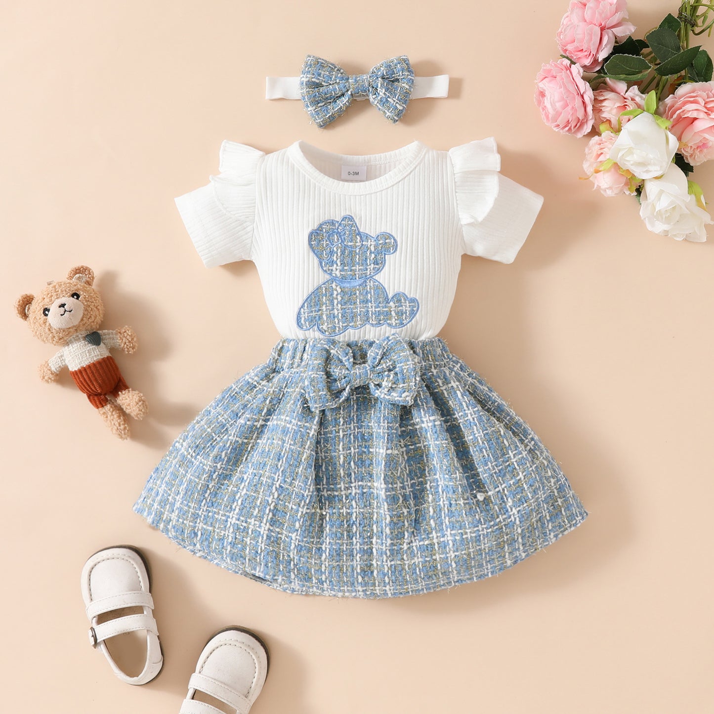 Baby short-sleeved skirt suit for girls with embroidered cute bear romper with gold silk skirt