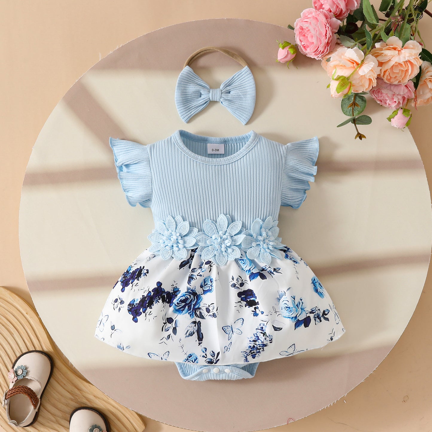 Baby Girl Summer Sleeveless Pit Stripe Applique Floral Print Romper Dress Baby Casual Dress