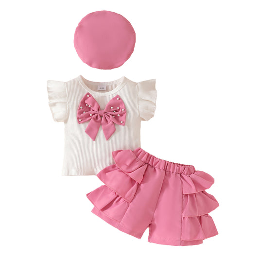 Summer new style baby girl ruffle beaded big bow top multi-layered shorts beret set