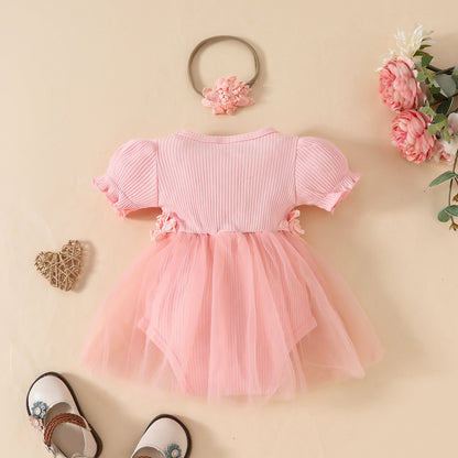 Sweet baby girl lantern short-sleeved ribbed triangle romper mesh skirt candy color girl flower dress