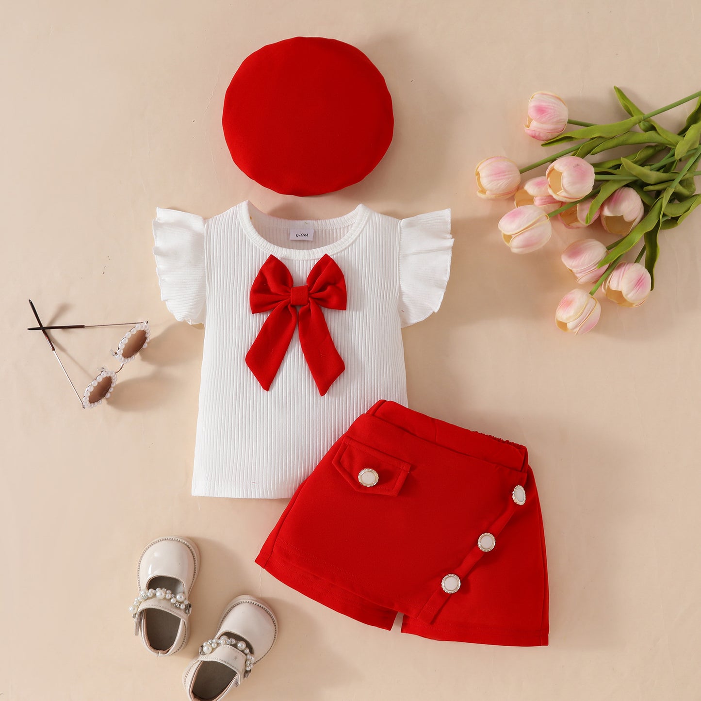 Toddler Girl Sleeveless Ruffled Big Bowknot Ribbed Top Fake Purse Skirt Pants Hat Set