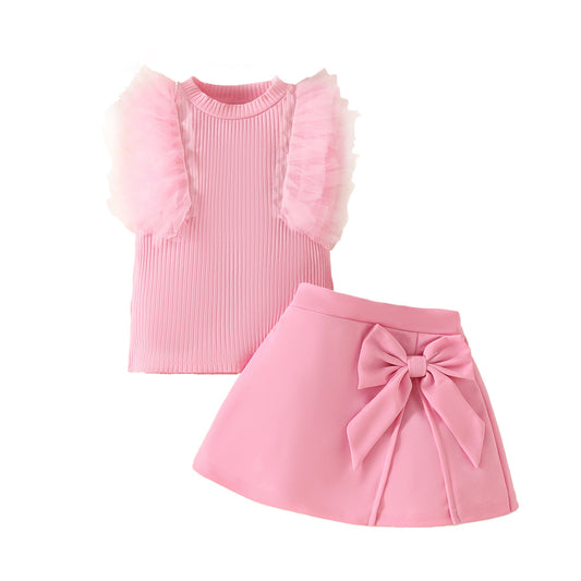 Girls baby sweet summer mesh striped sleeveless top solid color bow skirt suit