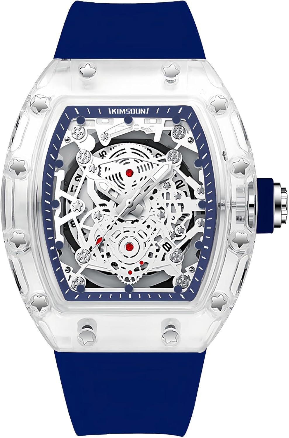 Fashion Hollowed Men Watches Tonneau Transparent Analog Display Silicone Strap Calendar Quartz Waterproof Trend Male Wrist Watch