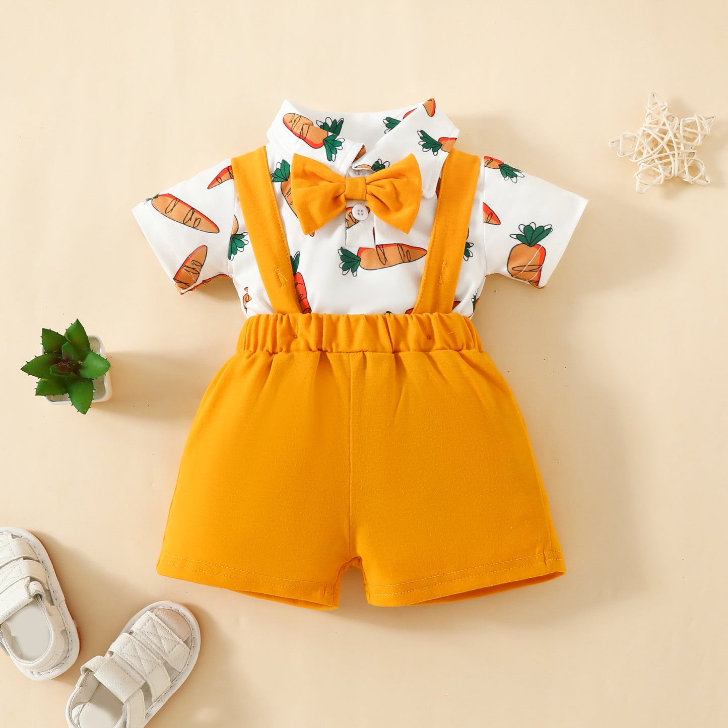 Baby Boy Fashion Short Sleeve Triangle Romper + Bib Shorts Set 0-1 Years Old Cartoon Animal Top Pants