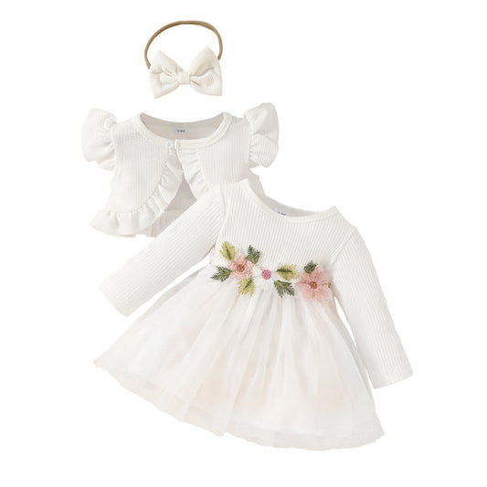 Sleeveless Ruffle Short Jacket + Long Sleeve Mesh Applique Dress Toddler Girls Dress Set