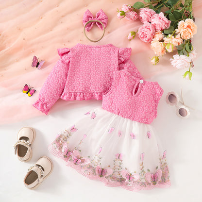 Sweet Girls Long Sleeve Short Jacket Sleeveless Butterfly Shape Lace Mesh Dress Autumn and Winter Dress Set