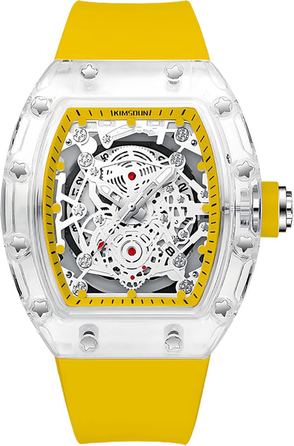 Fashion Hollowed Men Watches Tonneau Transparent Analog Display Silicone Strap Calendar Quartz Waterproof Trend Male Wrist Watch