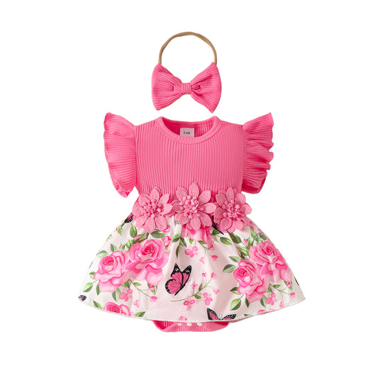 Summer Sleeveless Pit Stripe Applique Floral Print Romper Dress Baby Casual Dress