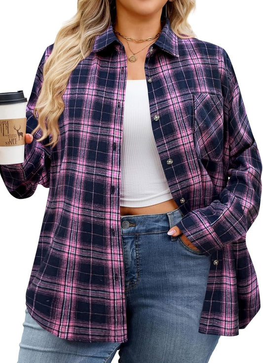 Plus Size Flannel Shirts - A-02 Pink Navy Blue Plaid
