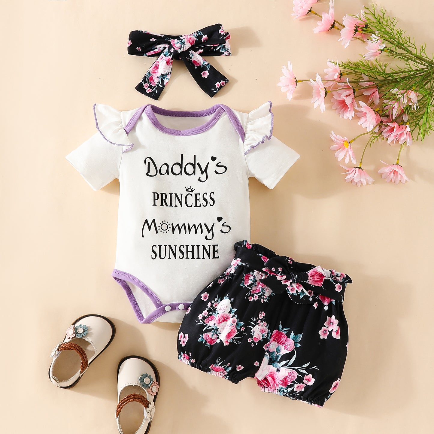 Short Sleeve Triangle Romper Shorts Set Baby Girl Letter Summer Top Belt Flower Cute Pants