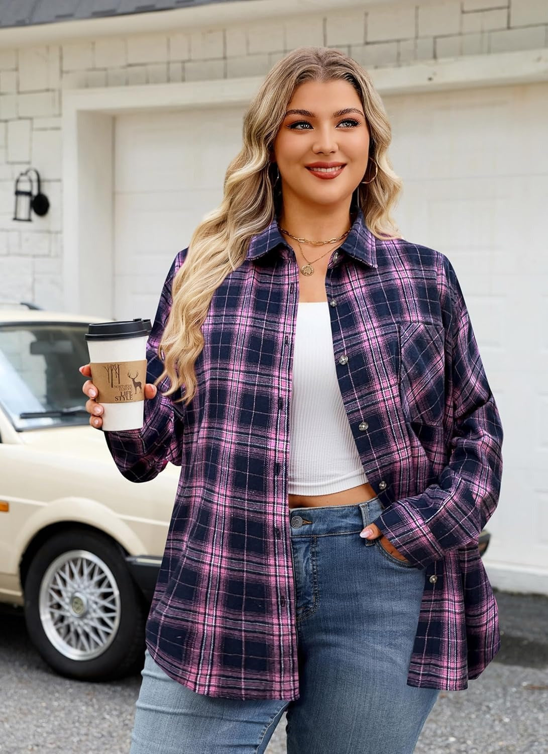 Plus Size Flannel Shirts - A-02 Pink Navy Blue Plaid
