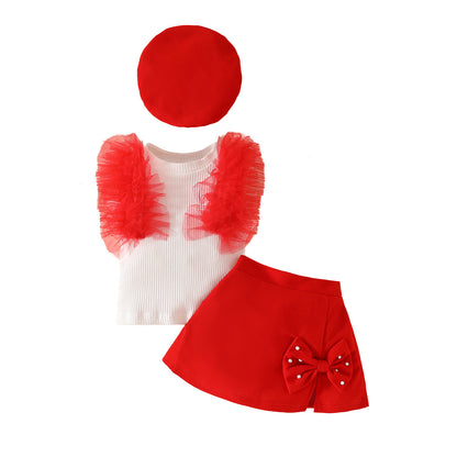 Summer toddler girl sleeveless mesh striped top + bow skirt + beret three-piece set