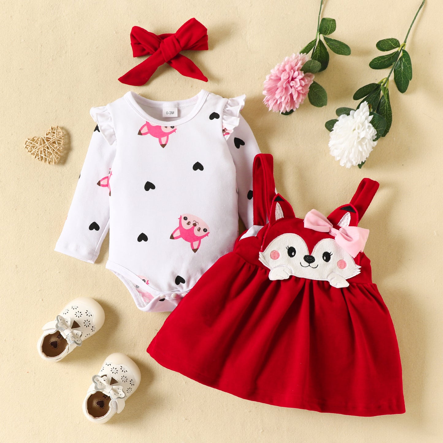 Autumn and winter infant and toddler cartoon fox heart print long-sleeved romper bow tie suspender dress set