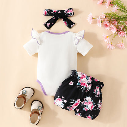 Short Sleeve Triangle Romper Shorts Set Baby Girl Letter Summer Top Belt Flower Cute Pants