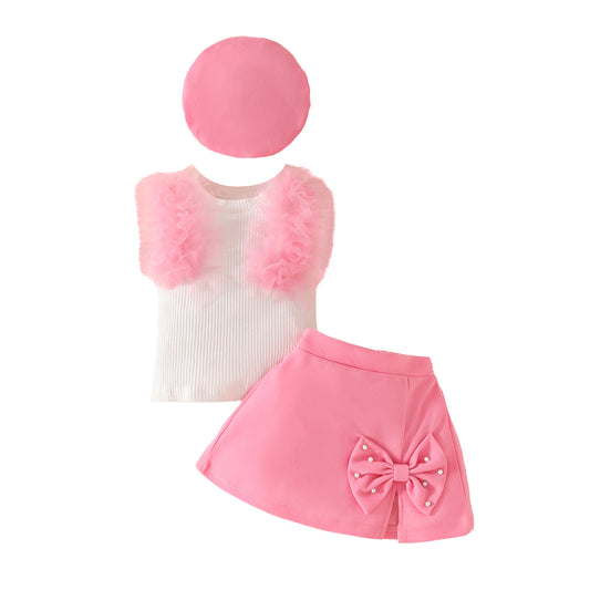 Summer toddler girl sleeveless mesh striped top + bow skirt + beret three-piece set