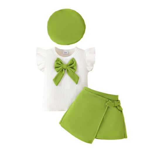 Toddler Girl Sleeveless Ruffled Big Bow White Ribbed Top Decorated Lace-up Skirt Set