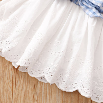 Baby Sleeveless Ruffle Plaid Top Bow Embroidered Skirt Suit Girls