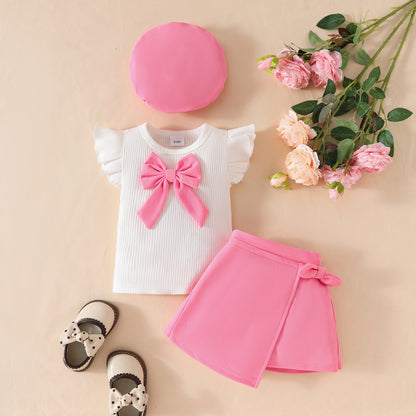 Summer Fashion Toddler Girls Big Bow Beret Sleeveless Top Tie Skirt Three-piece Set
