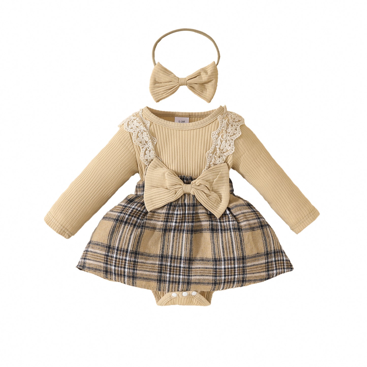 Baby long-sleeved lace plaid triangle jumpsuit autumn and winter girl's ribbed bowknot jumpsuit