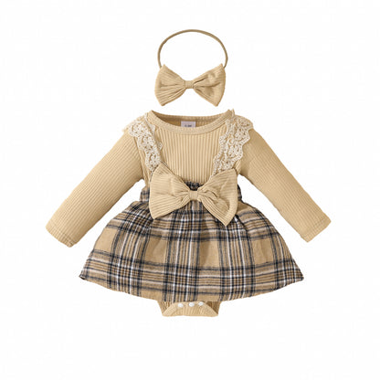 Baby long-sleeved lace plaid triangle jumpsuit autumn and winter girl's ribbed bowknot jumpsuit