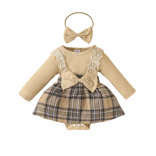 Baby long-sleeved lace plaid triangle jumpsuit autumn and winter girl's ribbed bowknot jumpsuit