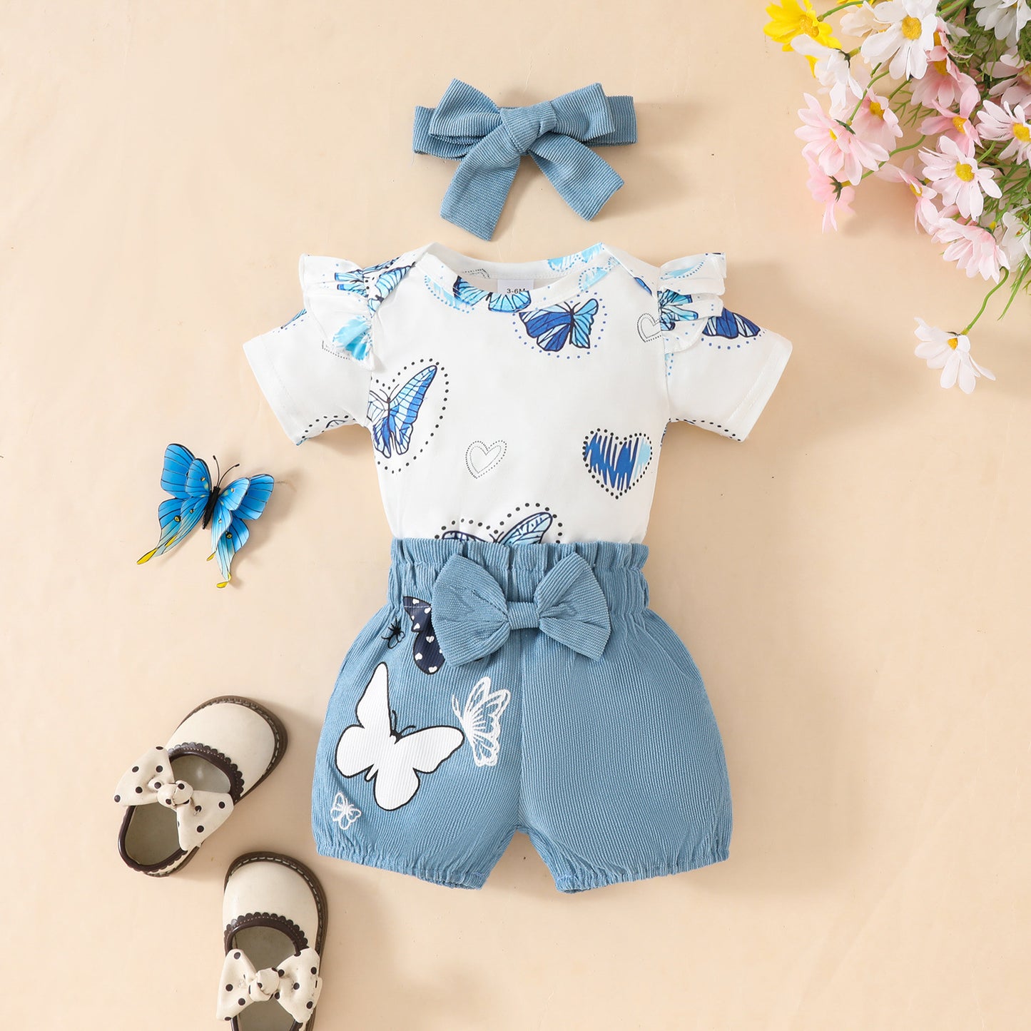 Summer baby girl butterfly heart pattern short-sleeved triangle romper corduroy bow shorts three-piece suit