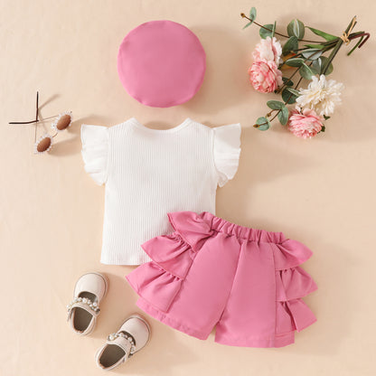 Summer new style baby girl ruffle beaded big bow top multi-layered shorts beret set