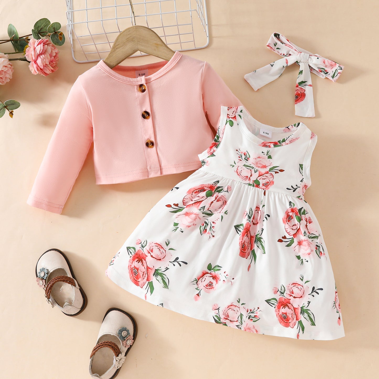 Toddler Girl Long Sleeve Jacket Sleeveless Dress Set 0-3 Years Old Floral Butterfly Sleeveless Dress + Jacket Two-piece Set