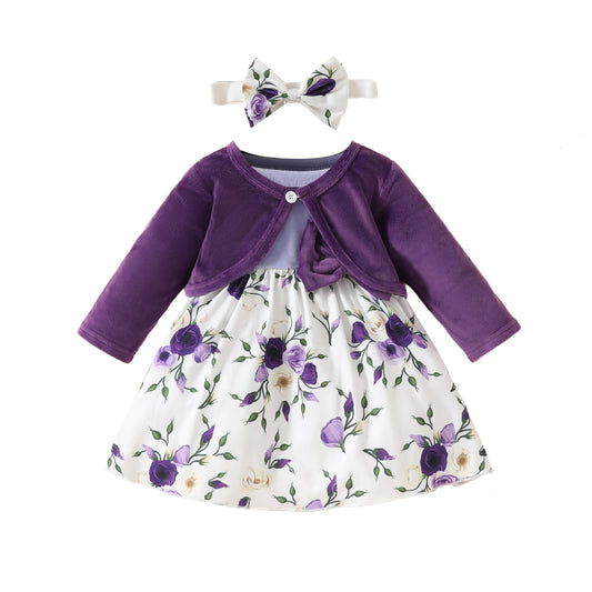 Baby Girls Autumn and Winter Long Sleeve Coat + Dress Set 0-3 Years Old Girls Plush Coat Vest Skirt