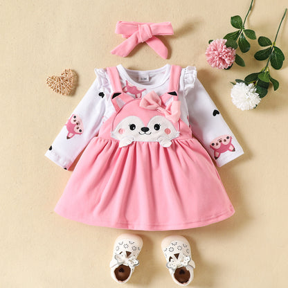 Autumn and winter infant and toddler cartoon fox heart print long-sleeved romper bow tie suspender dress set