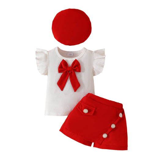 Toddler Girl Sleeveless Ruffled Big Bowknot Ribbed Top Fake Purse Skirt Pants Hat Set