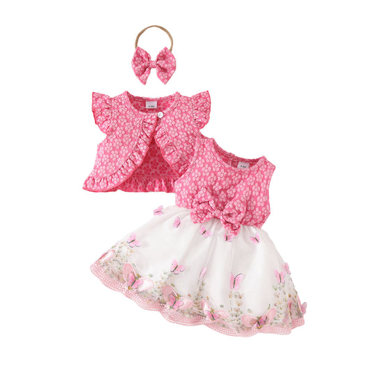 Summer sweet girl sleeveless short coat + vest butterfly mesh dress casual suit