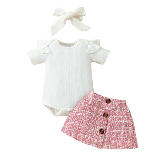 Fashion baby short-sleeved top skirt suit 0-1Y baby girl solid color triangle romper gold silk skirt