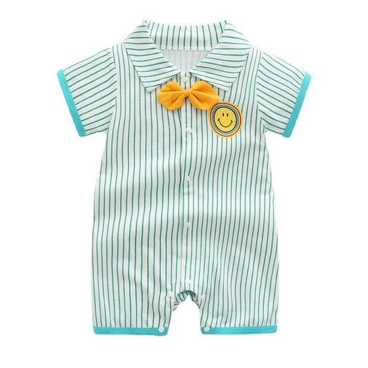 Bow tie gentleman lapel smiley face striped romper short sleeve jumpsuit