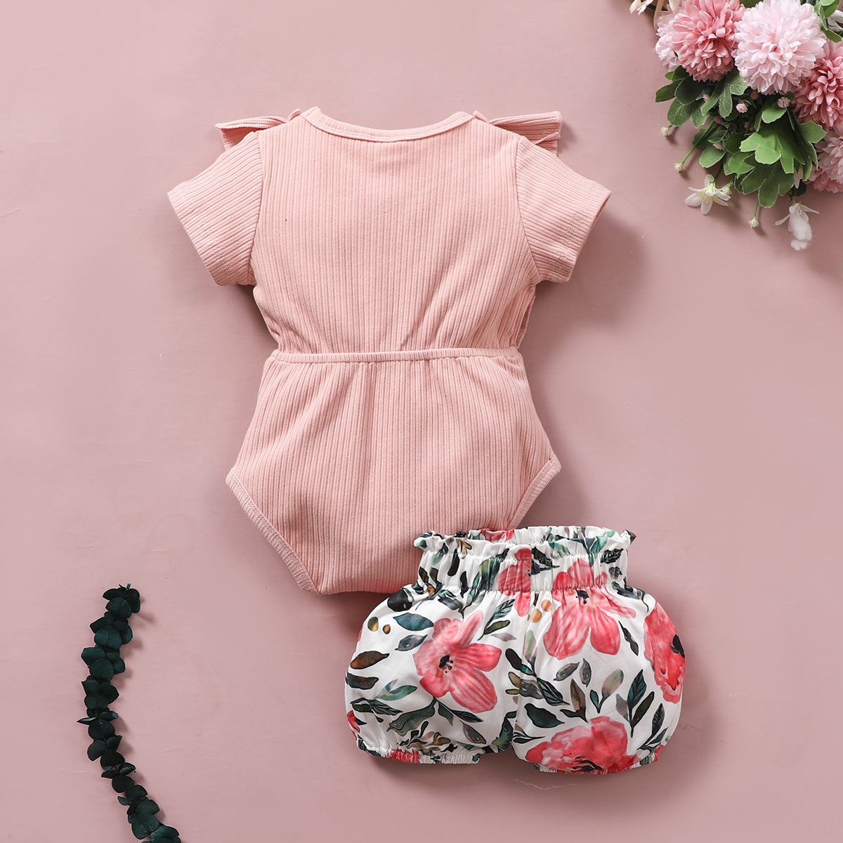 Infant and Toddler Ribbon Bowknot Shorts Set Cotton Short Sleeve Romper Elastic Pants