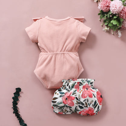 Infant and Toddler Ribbon Bowknot Shorts Set Cotton Short Sleeve Romper Elastic Pants