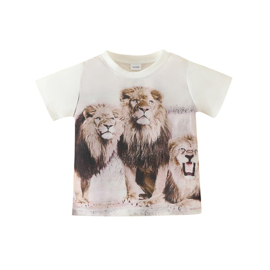 Summer children's short-sleeved T-shirt for boys with letters, cartoon bear and lion, one-piece top, cotton round neck, white short T