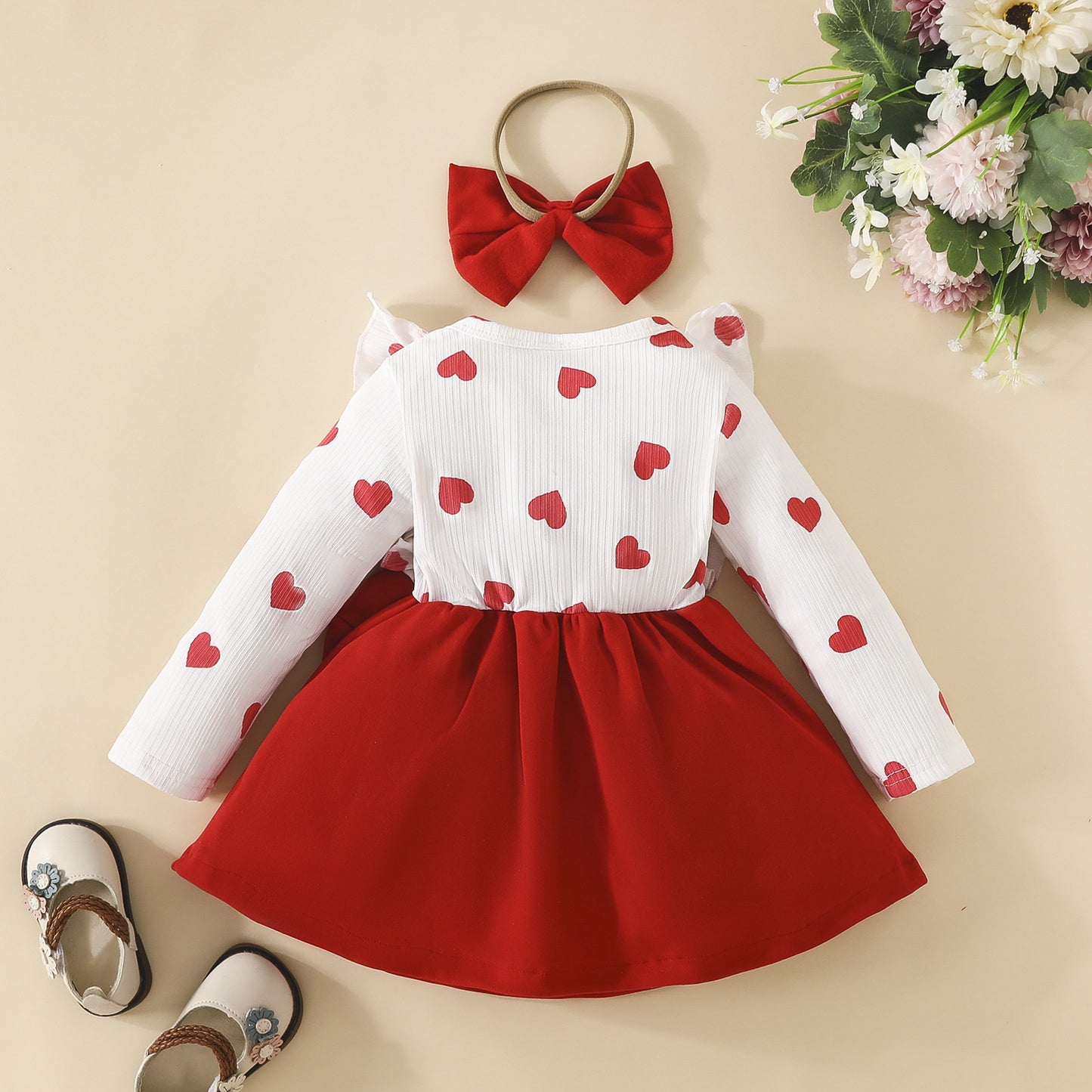 Baby long-sleeved dress for toddler girl long-sleeved heart bow skirt spring and autumn sweet skirt