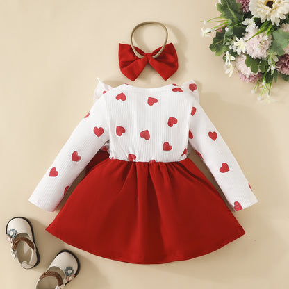 Baby long-sleeved dress for toddler girl long-sleeved heart bow skirt spring and autumn sweet skirt