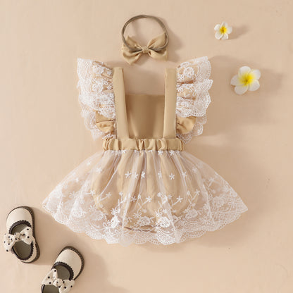 Children's clothing summer sweet girl baby casual jumpsuit baby big bow lace romper skirt