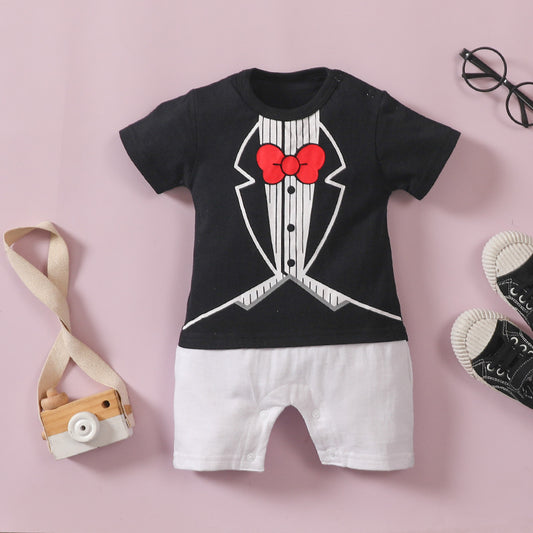 Infant and Toddler Gentleman Bow Tie Boy Bow Tie Lapel Splicing Romper Short Sleeve One-Piece Suit