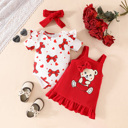 Summer sweet girl bow print short-sleeved triangle romper corduroy bear cub suspender skirt three-piece set