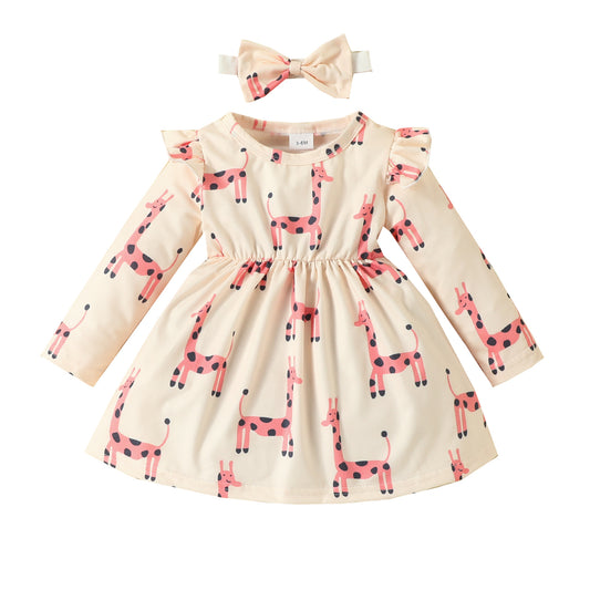 0-2 years old baby giraffe print dress flying sleeves long sleeves casual dress bow headband