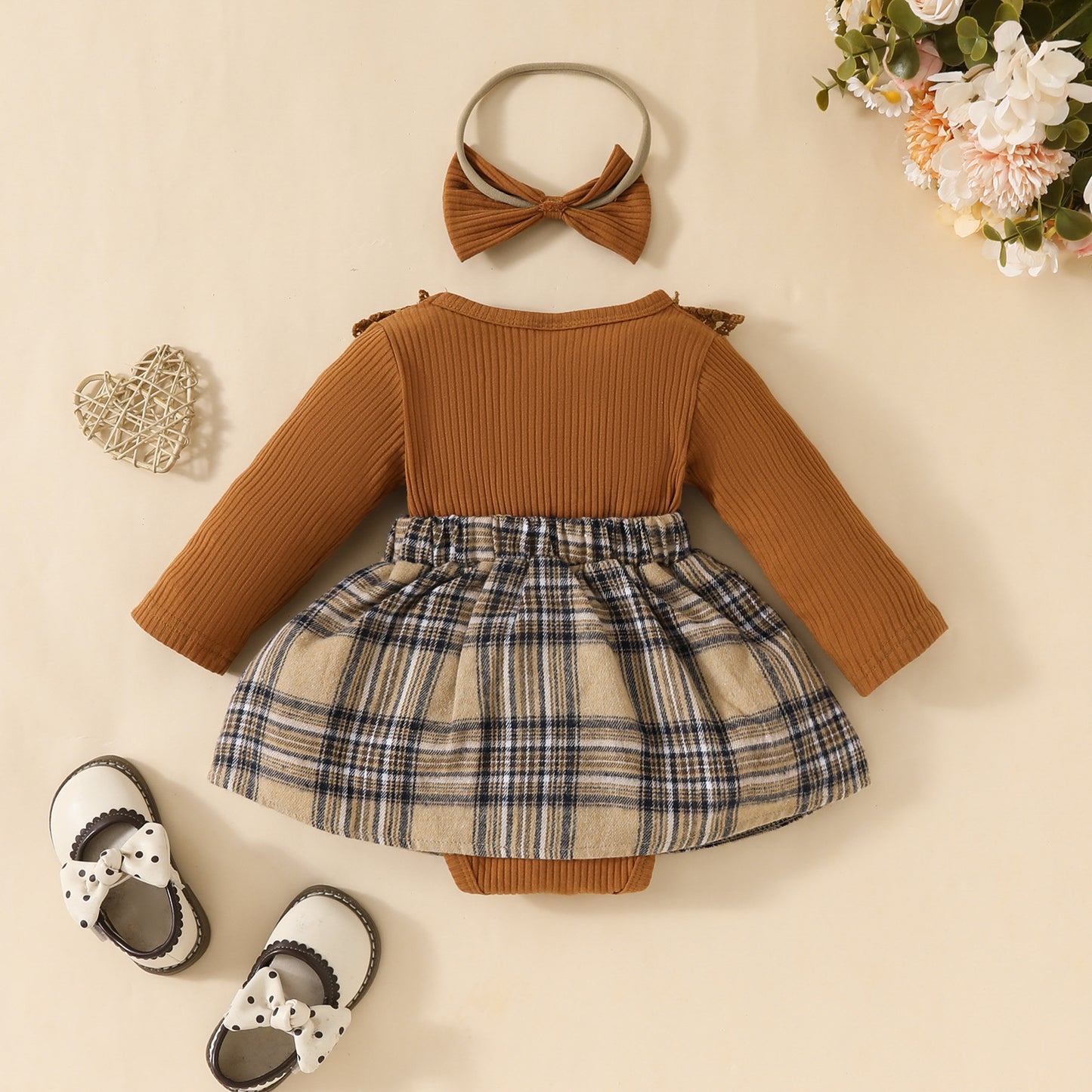 Baby long-sleeved lace plaid triangle jumpsuit autumn and winter girl's ribbed bowknot jumpsuit