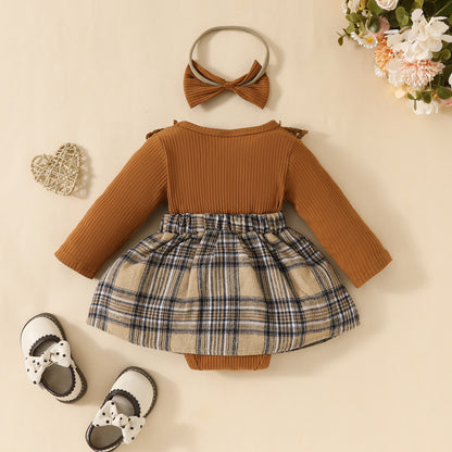 Baby long-sleeved lace plaid triangle jumpsuit autumn and winter girl's ribbed bowknot jumpsuit
