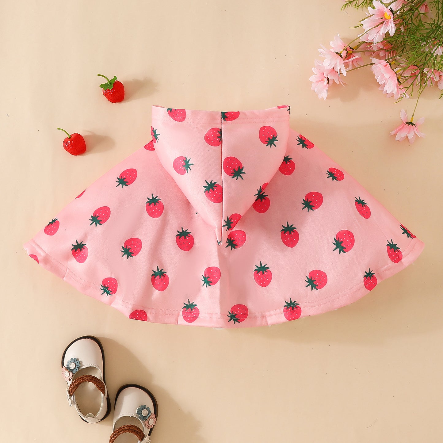 Infant strawberry print cape baby girl cute hooded cape autumn and winter butterfly coat going out shawl