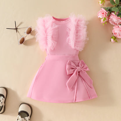 Girls baby sweet summer mesh striped sleeveless top solid color bow skirt suit