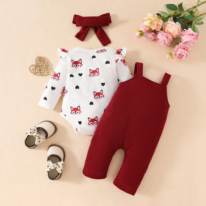 Baby Cute Fox Heart Pattern Long Sleeve Triangle Romper Corduroy Bowknot Bib Pants Set