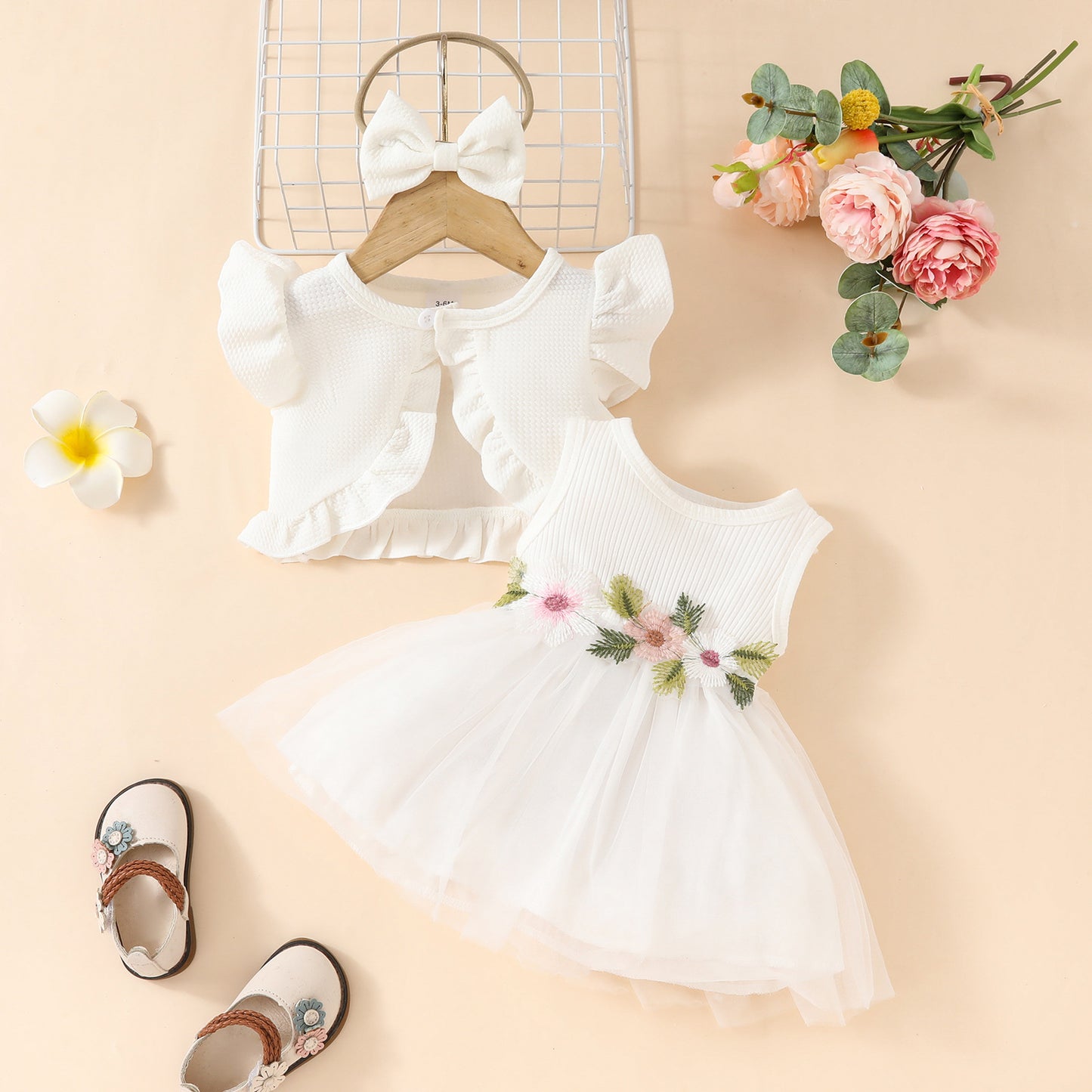 Toddler Girls Sleeveless Cropped Top Mesh Dress Set Sweet Girls Applique Skirt Lace Jacket